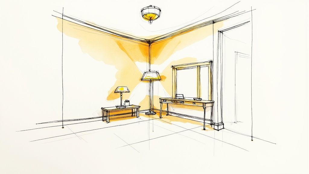 A bright room with light-colored walls, a large mirror reflecting sunlight, and layered lighting from a floor lamp and overhead fixture.
