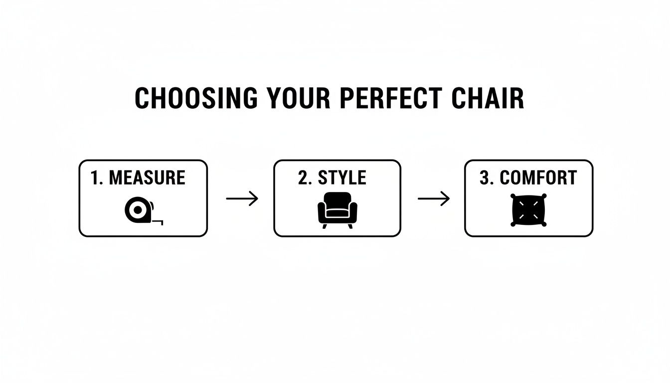Diagram illustrating three simple steps to choose a perfect chair: measure, style, and comfort.