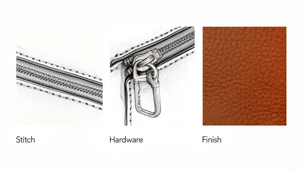 Close-up details of a leather product showing precise stitching, metal hardware, and the textured leather finish.