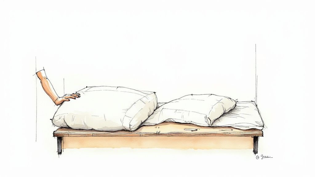 A person examining the surface of their mattress for sagging.