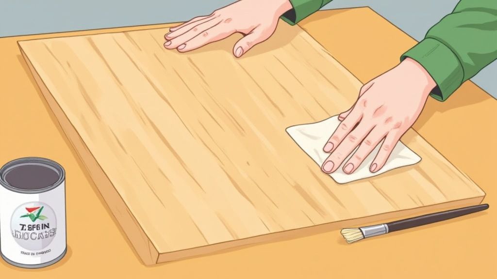 Hands cleaning a wooden board with a white cloth, next to a can of wood finish and a paintbrush.