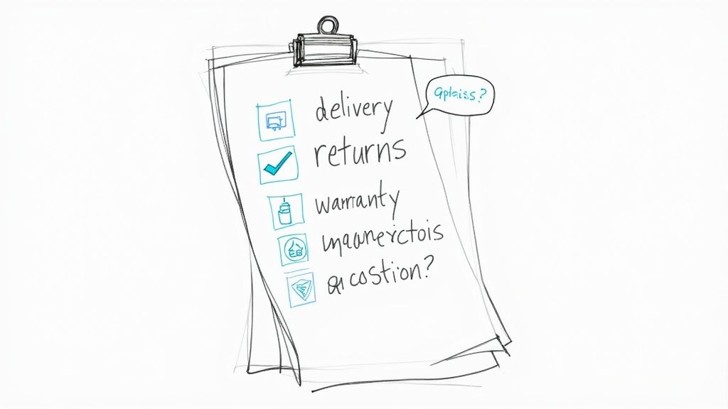 A hand-drawn checklist on a clipboard displaying options like delivery, returns, warranty, and service queries.