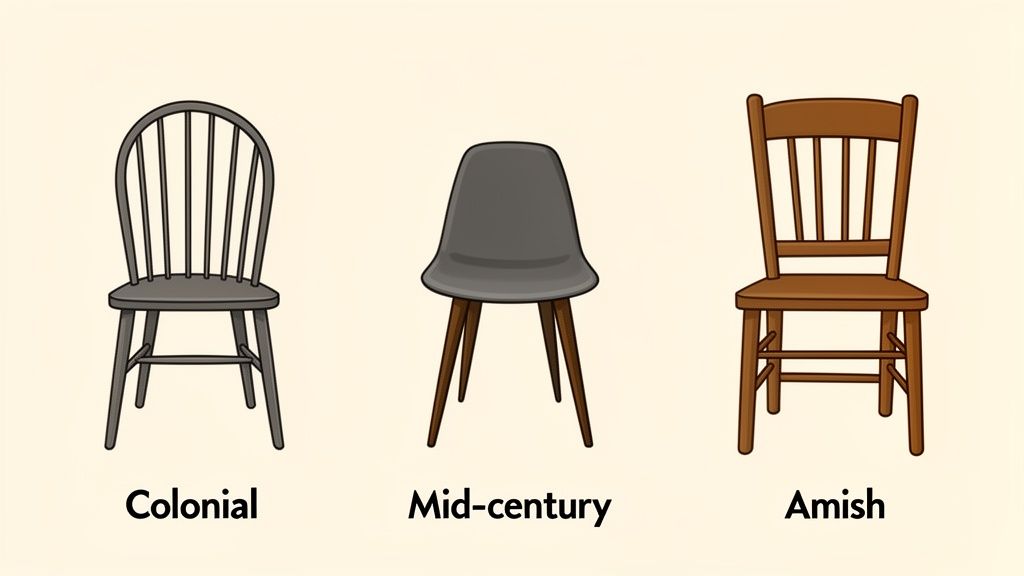 Three distinct dining chair styles are shown: Colonial (gray), Mid-century (dark gray, brown legs), and Amish (brown wood).