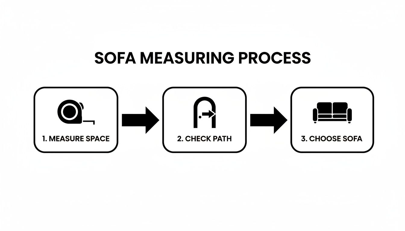An infographic illustrating the sofa measuring process: measure space, check path, and choose sofa.