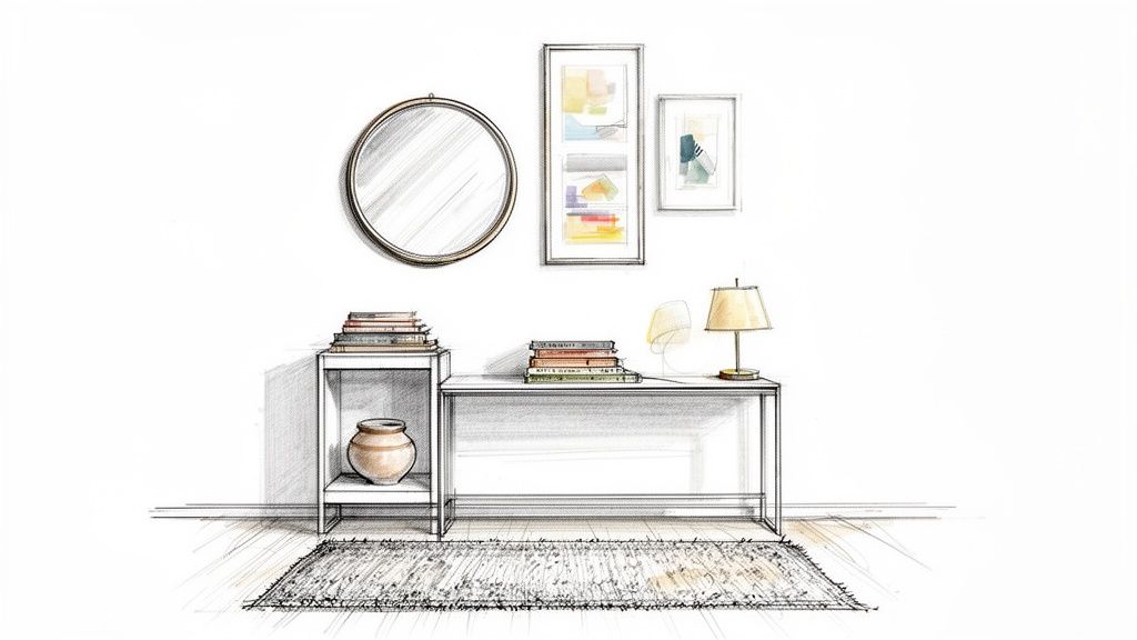 A detailed sketch of a contemporary cottage style interior featuring a console table, round mirror, framed artwork, books, and a lamp.