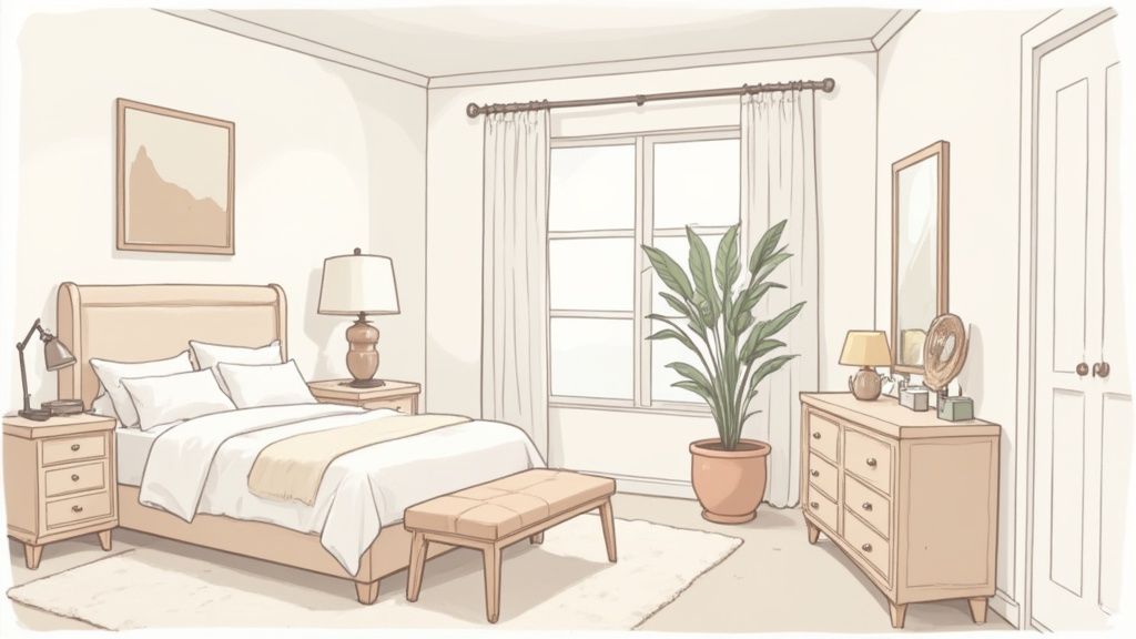 A cozy and well-arranged bedroom interior with a bed, nightstands, dresser, plant, and window.