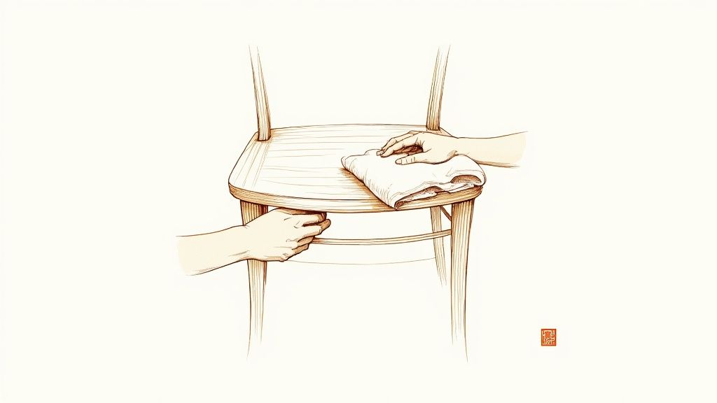 Hands wiping wooden chair with white cloth demonstrating proper furniture cleaning and maintenance technique