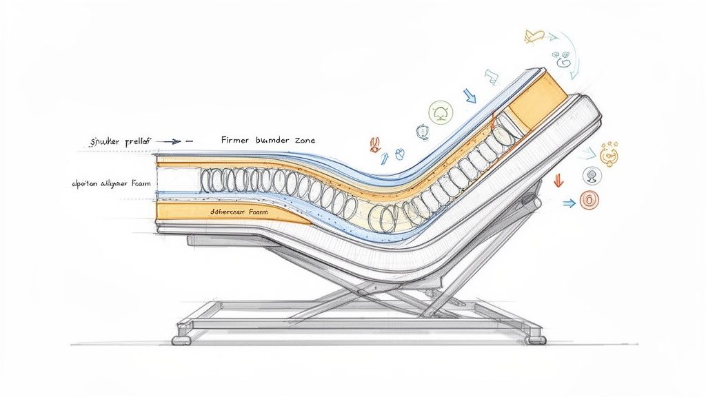 Detailed cross-section of an adjustable mattress on a movable base, highlighting internal layers and comfort zones.