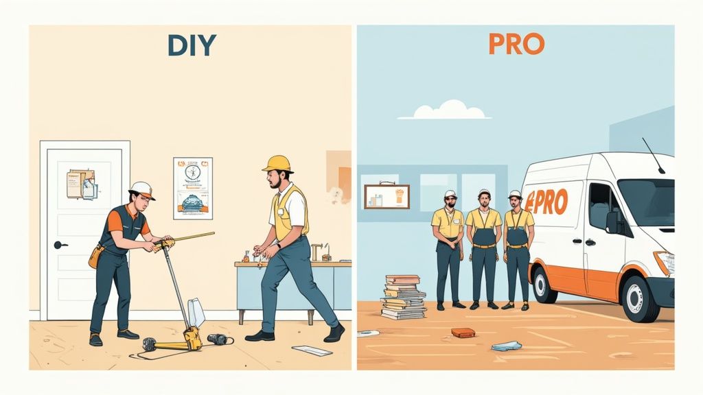 DIY vs. Pro: A comparison of do-it-yourself struggles with professional flooring installation services.
