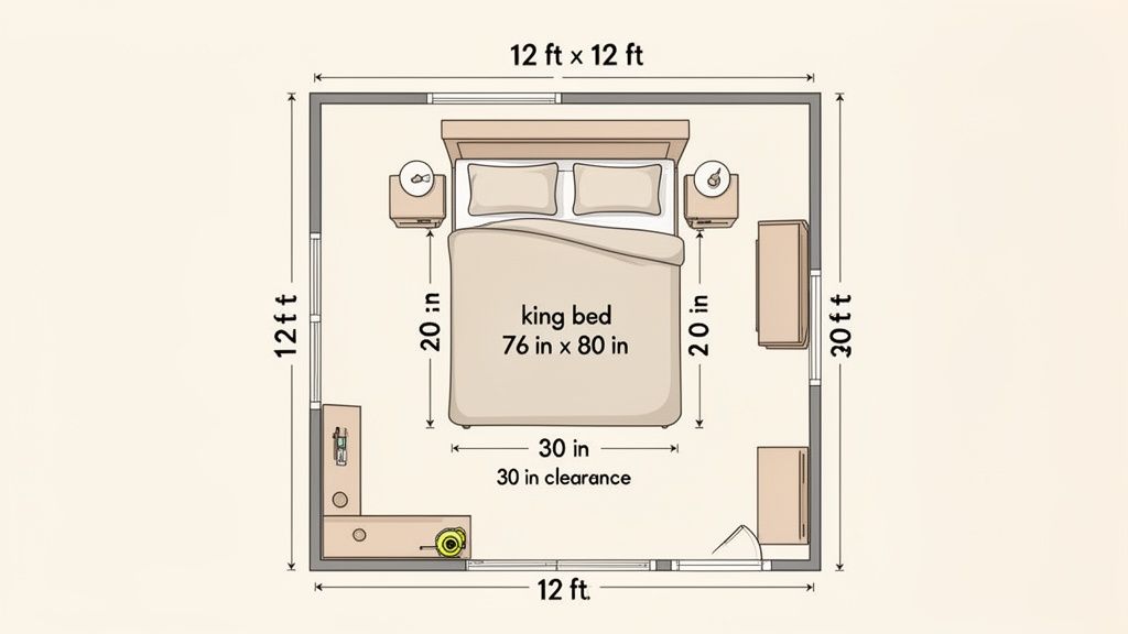 Floor plan of a 12x12 ft bedroom featuring a king bed, nightstands, dresser, and desk with dimensions.