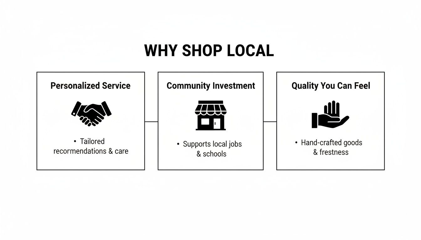 Infographic outlining three reasons to shop local: personalized service, community investment, and quality.