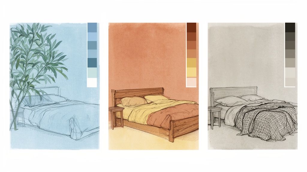 Three bedroom sketches showcasing different color schemes: a blue-green, warm orange-yellow, and neutral gray.