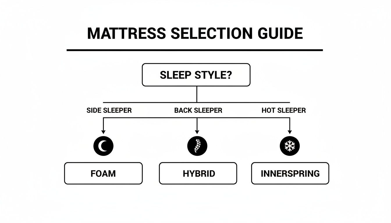 A mattress selection guide showing recommended mattress types based on sleep style: side, back, or hot.