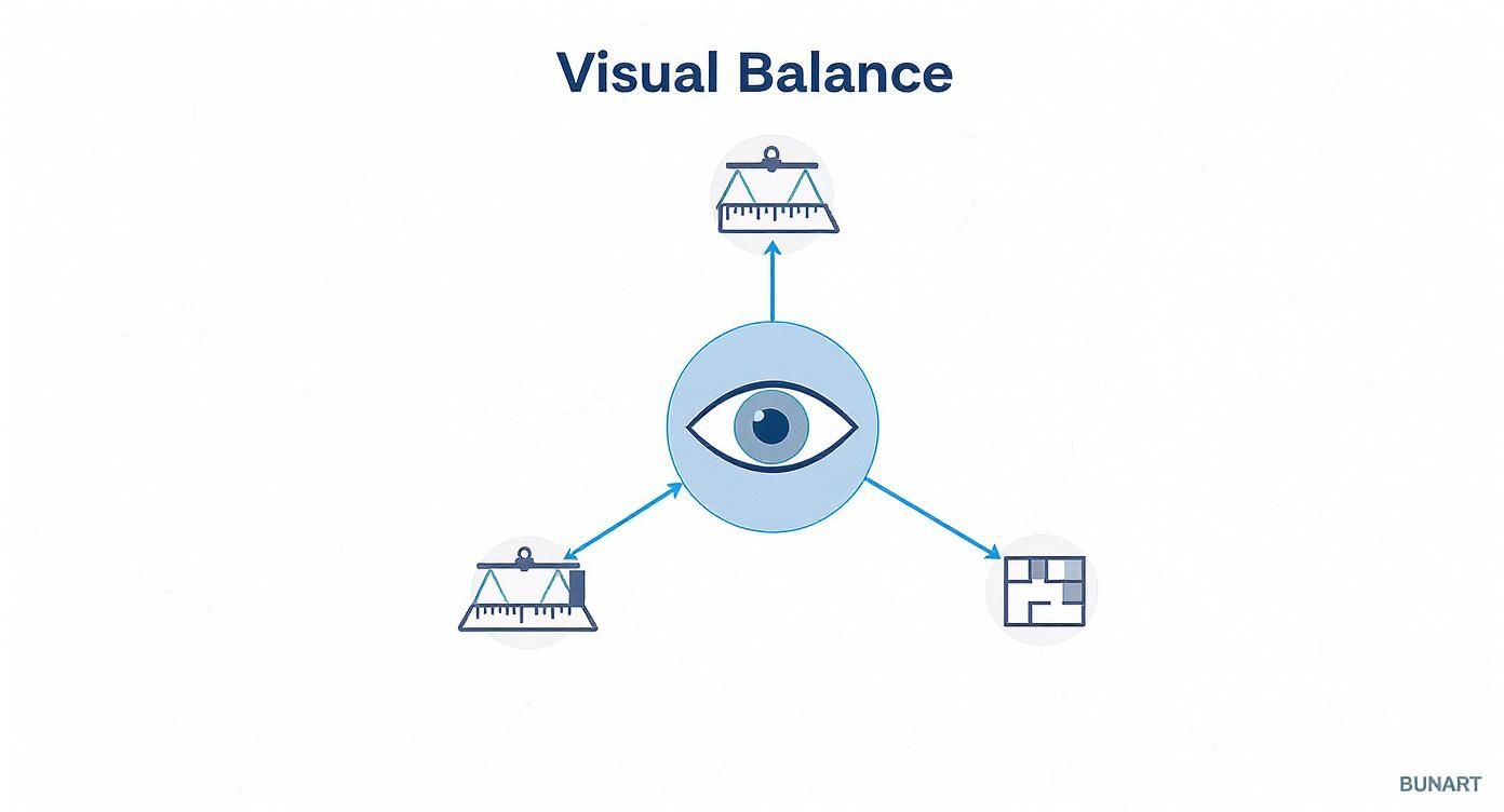 Diagram illustrates visual balance with a central eye, connecting to weighing scales and a layout plan.