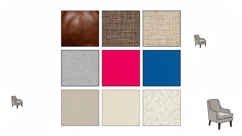 A grid of nine fabric swatches including leather, textured, solid colors, and patterned, alongside three accent chair illustrations.