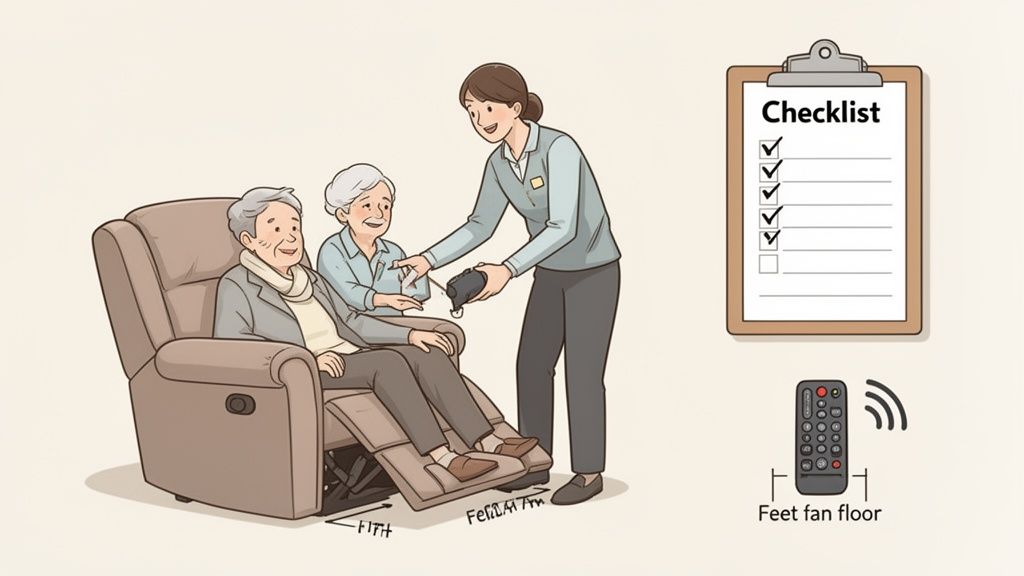 A caregiver assists two smiling elderly individuals, one relaxing comfortably in a recliner, with a checklist.