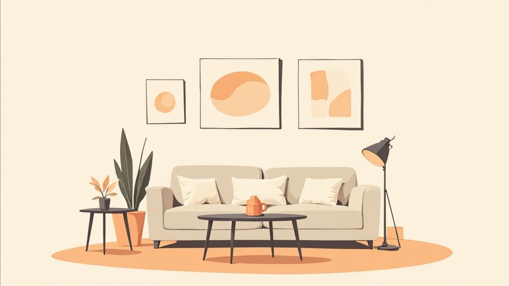 A well-decorated living room with a coffee table and end tables, showcasing different types of tables.