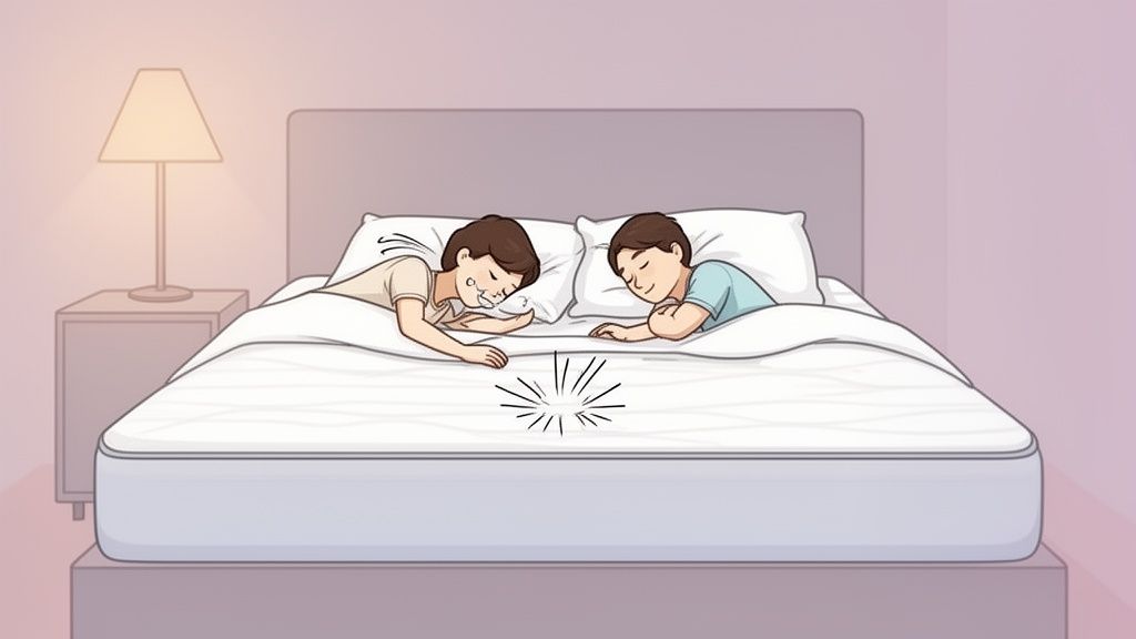 Two people sleeping in a bed; one drooling from discomfort, the other rests peacefully.