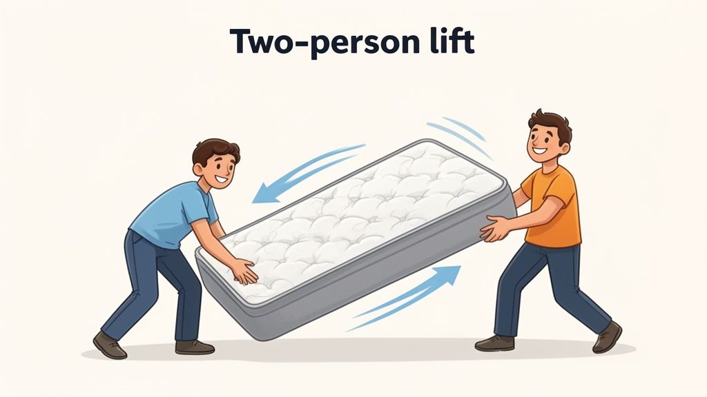 Two people smiling while carefully lifting a mattress together, demonstrating a two-person lift technique.