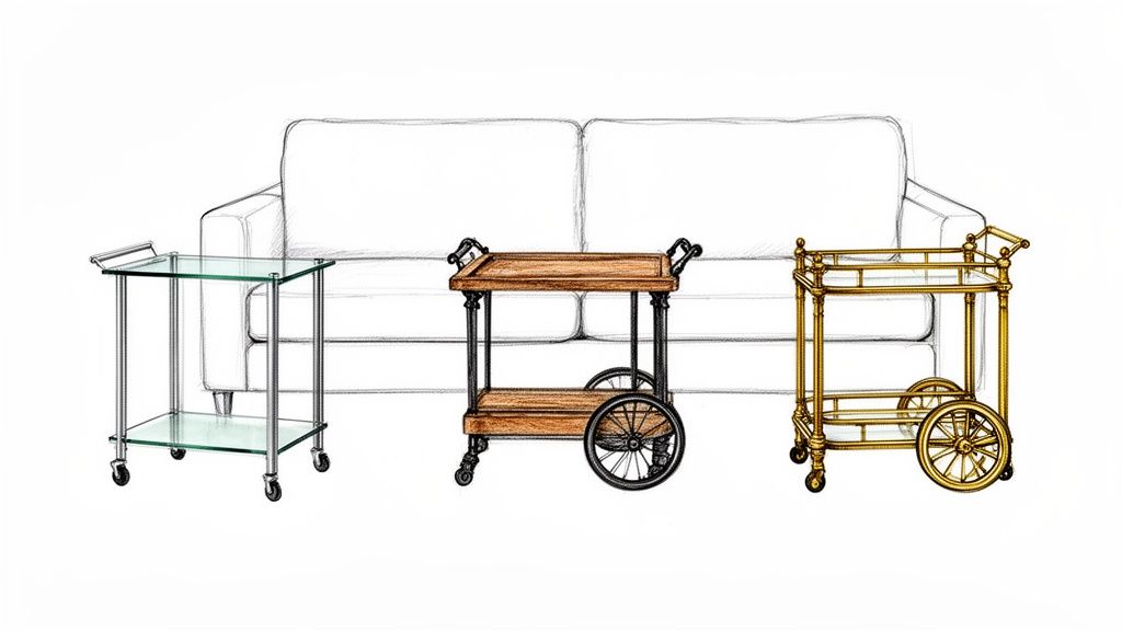 A line-up of three distinct bar cart styles: modern glass, rustic wood, and elegant brass.