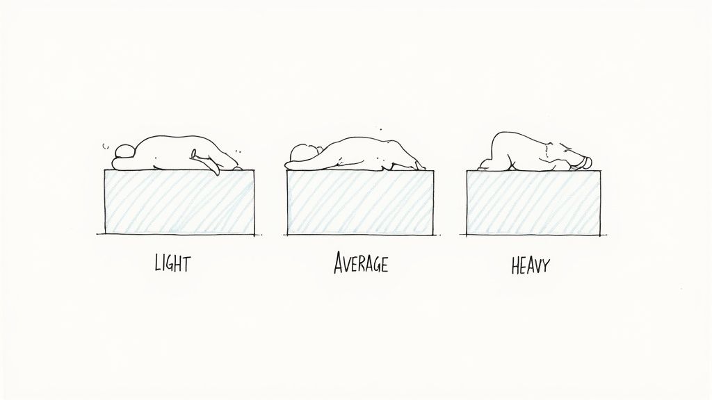 Cartoon illustration showing light, average, and heavy figures on blocks, demonstrating mattress firmness.
