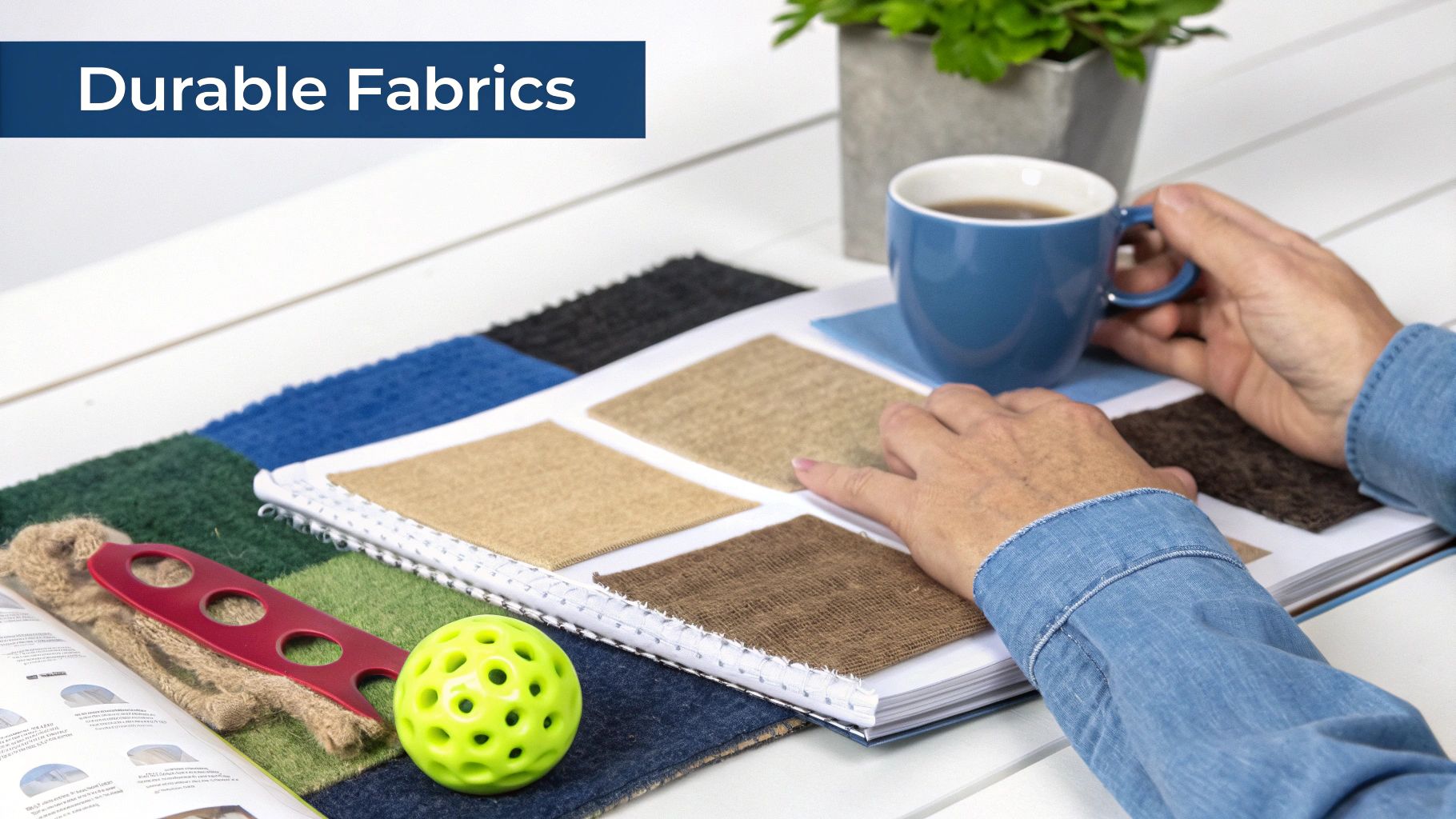 A person's hands examine swatches from a durable fabric sample book, with a coffee cup and toy nearby.