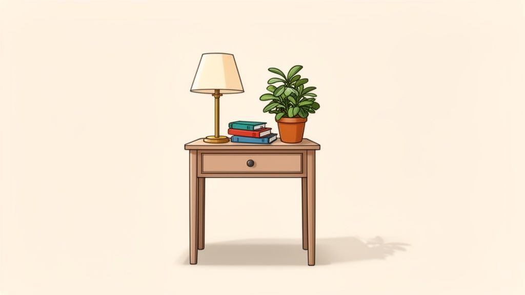 A wooden accent table with a drawer, topped with a lamp, a stack of books, and a green potted plant.