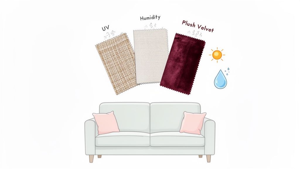 Illustration of three fabric swatches showcasing UV, humidity, and plush velvet properties for upholstery choices.