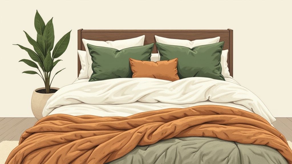 A cozy bedroom with a wooden bed frame, green and orange bedding, and a leafy potted plant.