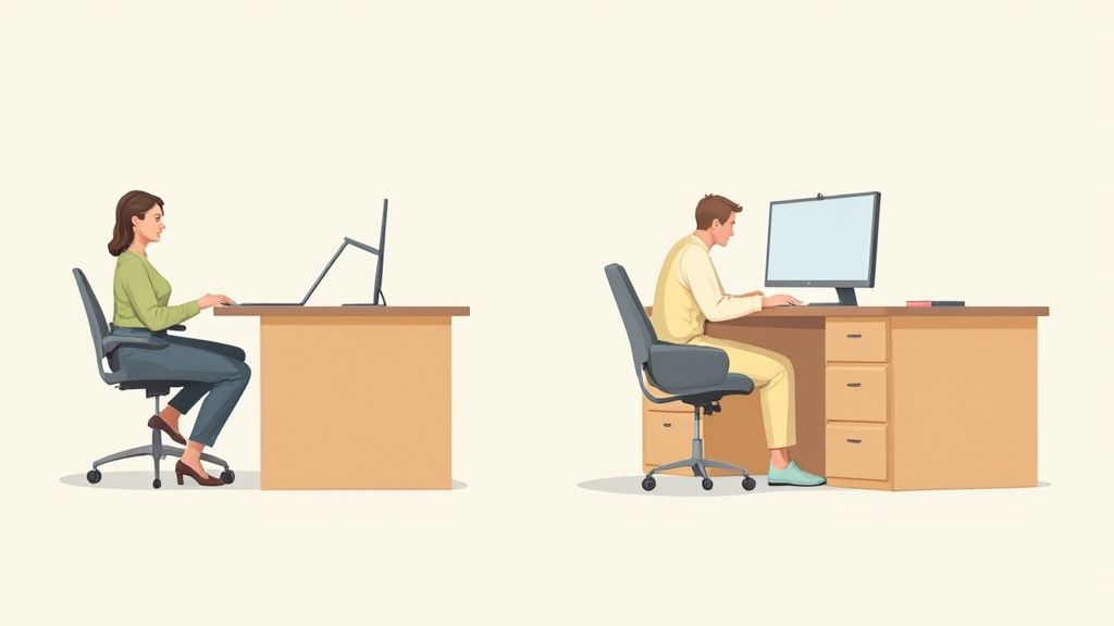 An elegant home office with a dark wooden desk and ergonomic chair.