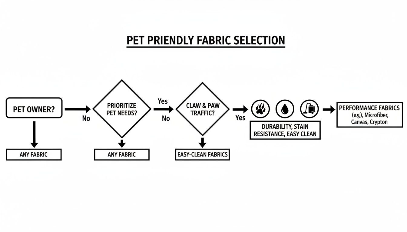 Flowchart for pet-friendly fabric selection, guiding pet owners to choose performance fabrics based on pet needs and paw traffic.