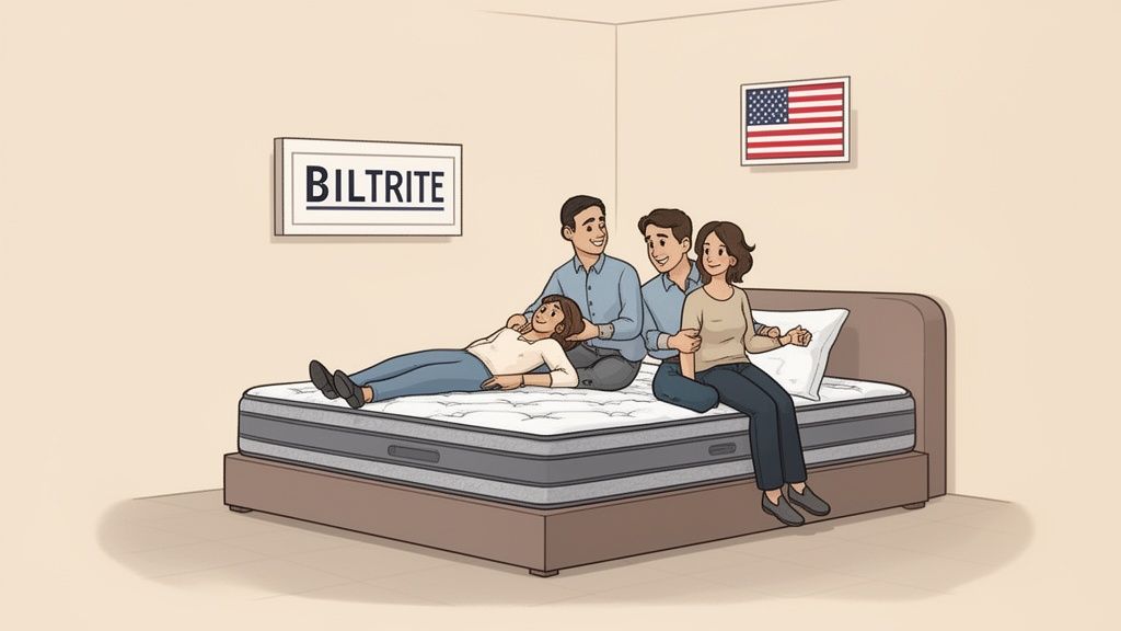Four happy people, two men and two women, relaxing on a Biltrite mattress in a bedroom.
