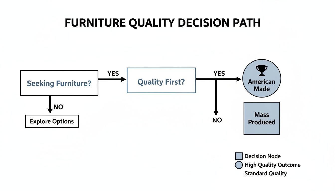 Flowchart illustrating a furniture quality decision path, differentiating between American-made and mass-produced options.