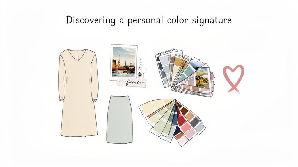 Illustration showing clothes, color palettes, and a cityscape for discovering a personal color signature.