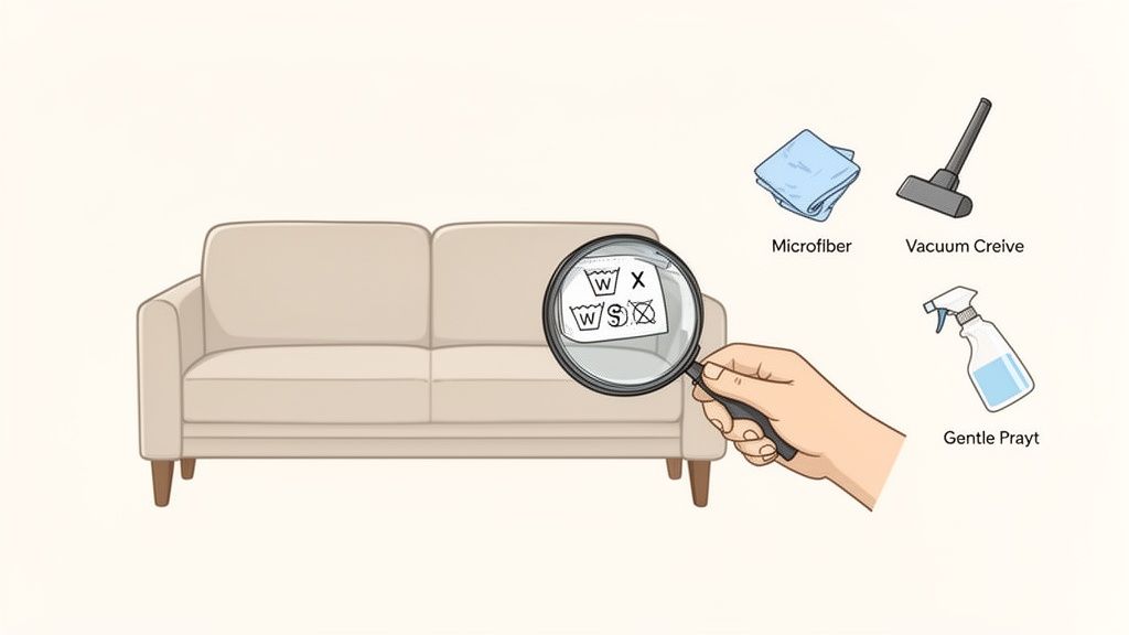 Hand examining sofa care tag with cleaning symbols, alongside microfiber cloth, vacuum attachment, and gentle spray bottle.