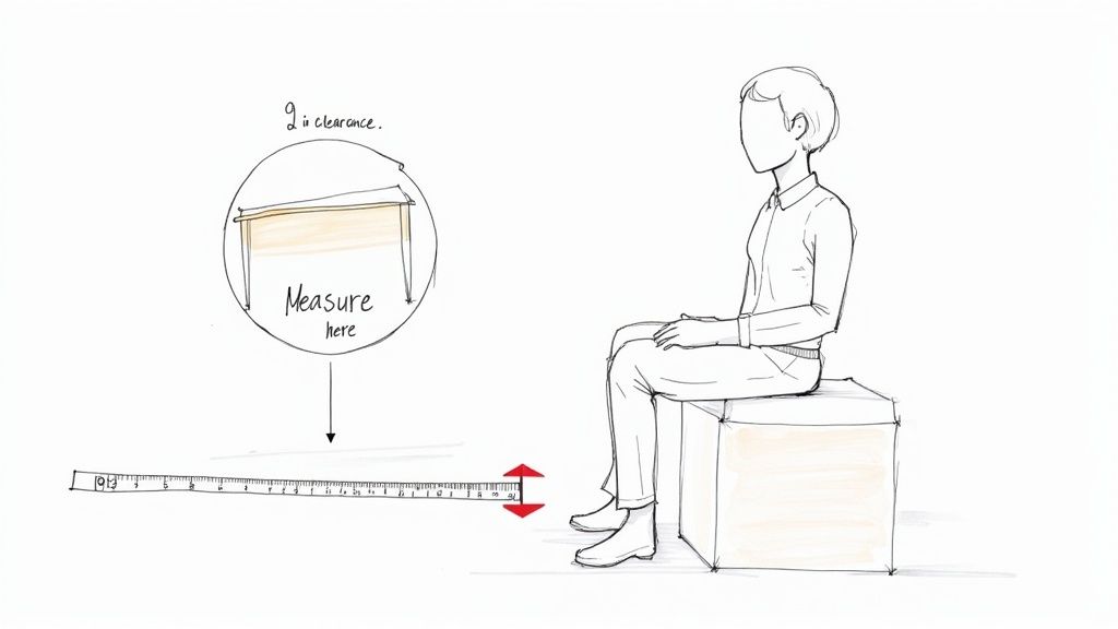 A hand-drawn diagram illustrates how to measure chair seat height or table clearance, showing a person sitting and a tape measure.