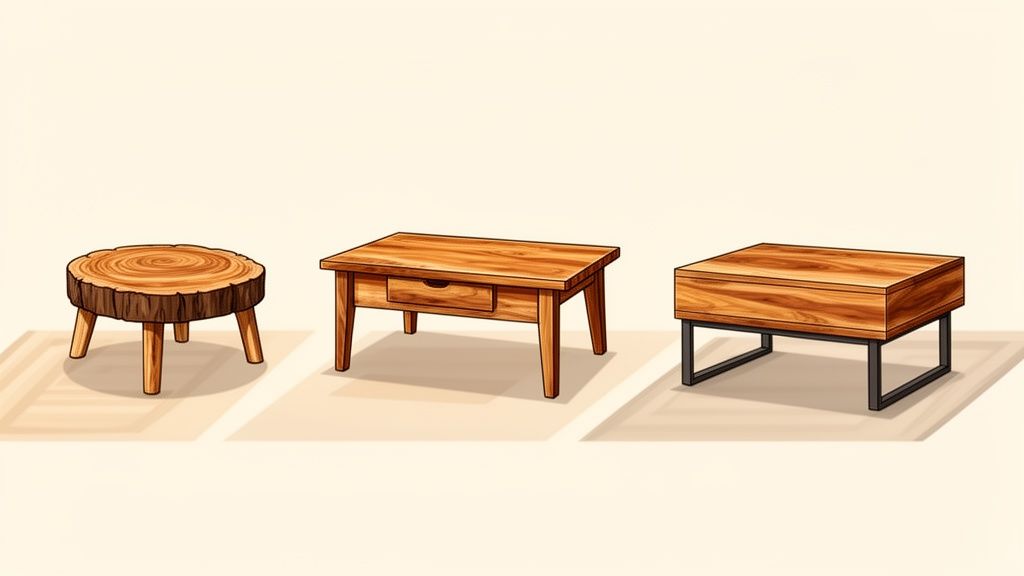 Three distinct wooden coffee tables: a stump, a rectangular with drawer, and a modern metal frame.