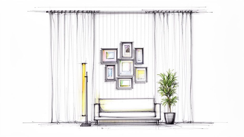 Architectural sketch of a modern living room featuring a couch, gallery wall, floor lamp, and plant.
