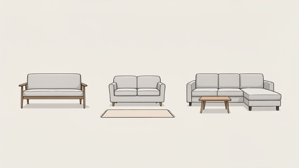 Illustration of three modern, light-colored sofas with a rug and coffee table.
