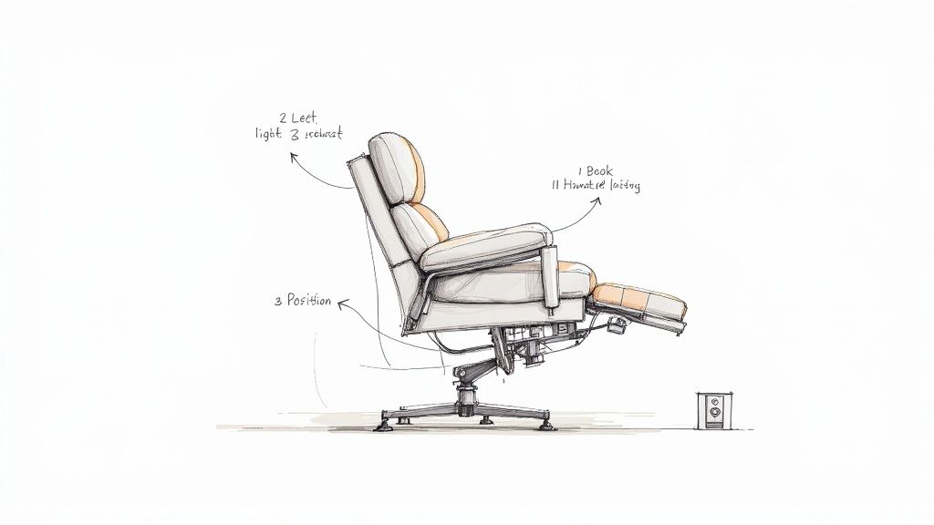 Detailed sketch of an ergonomic reclining chair with footrest and labeled features.