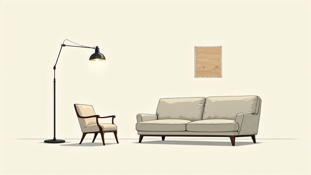 A simple, minimalist living room with a floor lamp, an armchair, and a two-seater sofa.