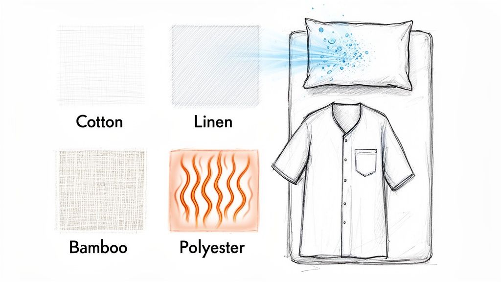 Diagram comparing fabric properties: Cotton, Linen (cooling), Bamboo, and Polyester (warming), next to a cooling pillow and shirt.