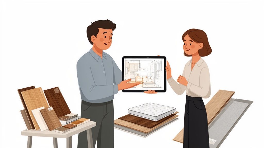 Two people discuss interior design plans on a tablet, surrounded by various material samples.