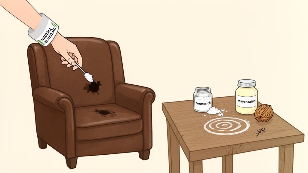 A hand applies a cleaning agent to a stained brown armchair, with various home remedies for stains on a table.