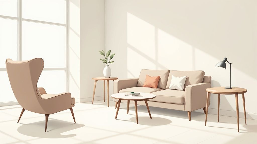A proportionally balanced living room with an apartment-sized sofa and a round coffee table.
