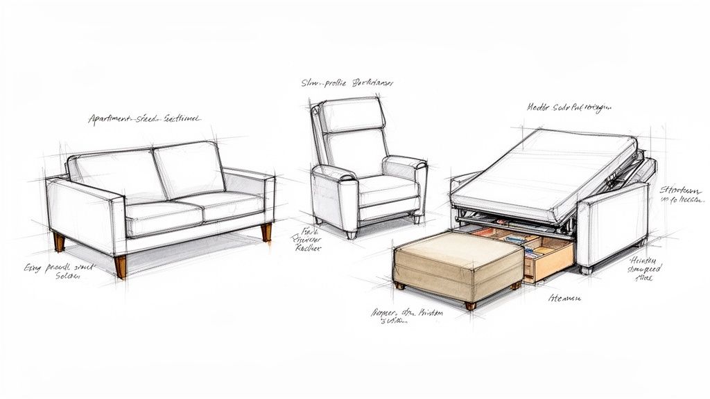 Sketches of an apartment-sized sectional, slim-profile recliner, and pull-out sofa bed with storage.