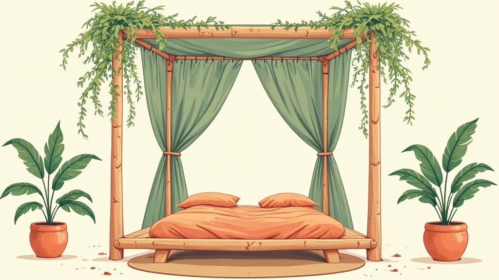A serene wooden canopy bed with green drapes, orange bedding, and potted plants.