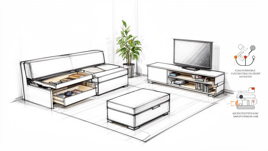 A conceptual sketch of a modern living room featuring modular and multi-functional storage furniture.