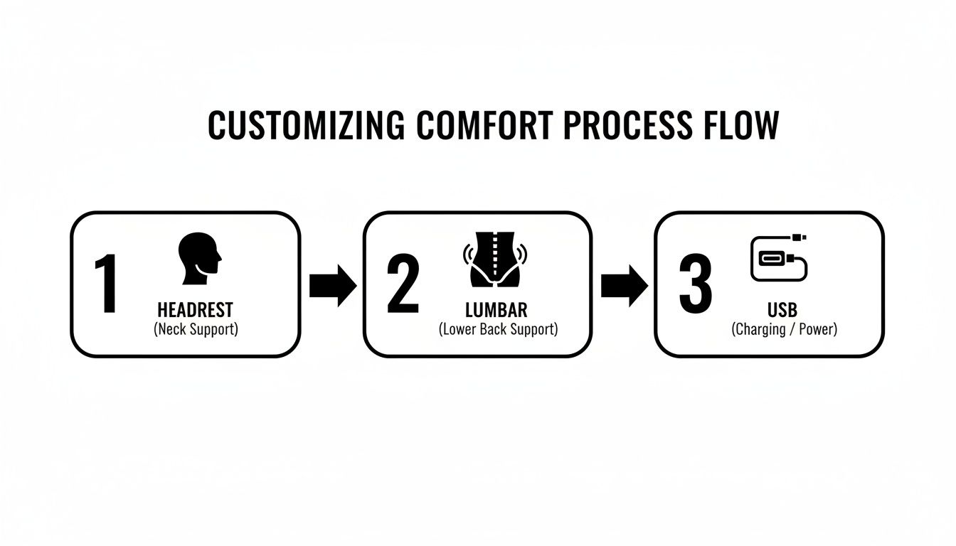 Process flow diagram illustrating three comfort customization steps: headrest, lumbar support, and USB charging.