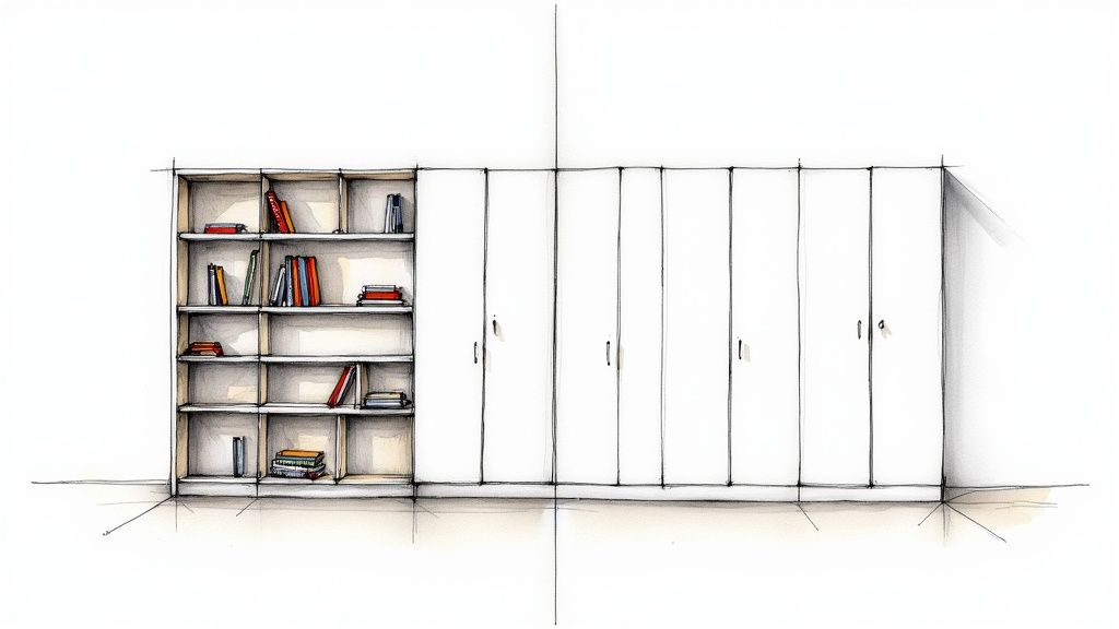 Architectural sketch of a white built-in storage unit with open bookshelves and closed cabinet doors.